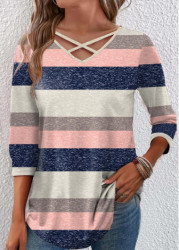 Modlily Multi Color Criss Cross Striped 3/4 Sleeve T Shirt - M