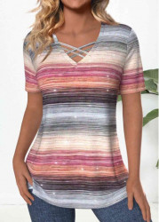 Modlily Multi Color Criss Cross Striped Short Sleeve T Shirt - S