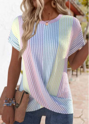 Modlily Multi Color Cross Hem Striped Short Sleeve T Shirt - S