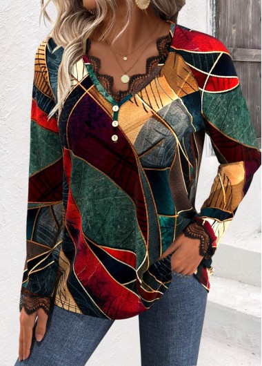 Modlily Multi Color Embroidery Geometric Print Long Sleeve T Shirt - S