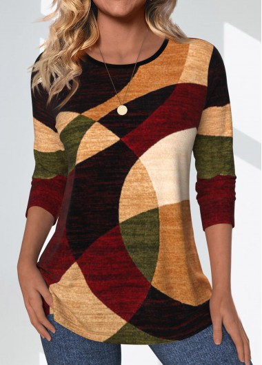 Modlily Multi Color Geometric Print Long Sleeve T Shirt - S