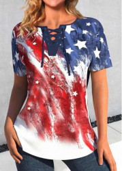 Modlily Multi Color Lace Up American Flag Print Blouse - XXL