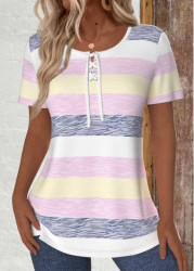 Modlily Multi Color Lace Up Striped Short Sleeve T Shirt - S