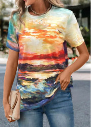 Modlily Multi Color Landscape Print Short Sleeve T Shirt - S