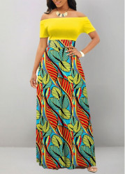 Modlily Multi Color Leaf Print Short Sleeve Maxi Dress - M