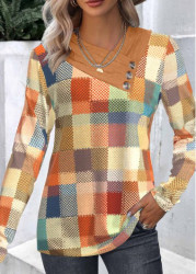 Modlily Multi Color Patchwork Geometric Print Long Sleeve Sweatshirt - S