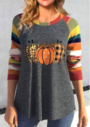 Modlily Multi Color Patchwork Long Sleeve Halloween T Shirt - S