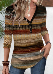 Modlily Multi Color Patchwork Long Sleeve V Neck T Shirt - M