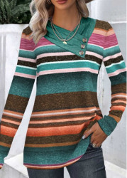 Modlily Multi Color Patchwork Striped Long Sleeve Asymmetrical Neck Sweatshirt - XXL