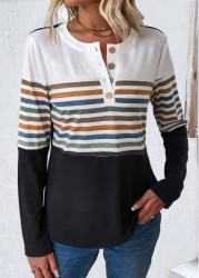 Modlily Multi Color Patchwork Striped Long Sleeve T Shirt - M