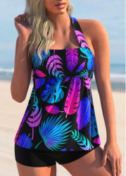 Modlily Multi Color Plant Print Halter Tankini Set - S