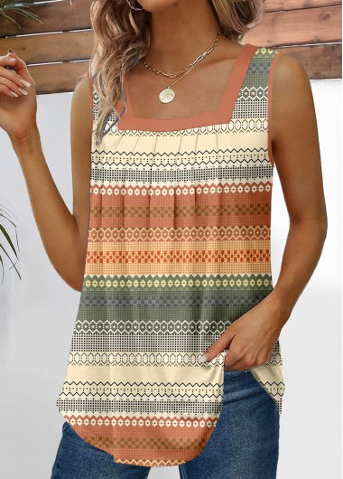 Modlily Multi Color Pleated Striped Square Neck Tank Top - S