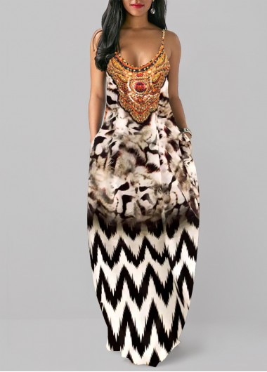 Modlily Multi Color Pocket Leopard O Shape Maxi Dress - M