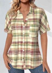 Modlily Multi Color Pocket Plaid Short Sleeve Shirt Collar Blouse - XXL