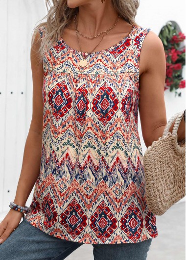 Modlily Multi Color Ruched Tribal Print Sleeveless Tank Top - S