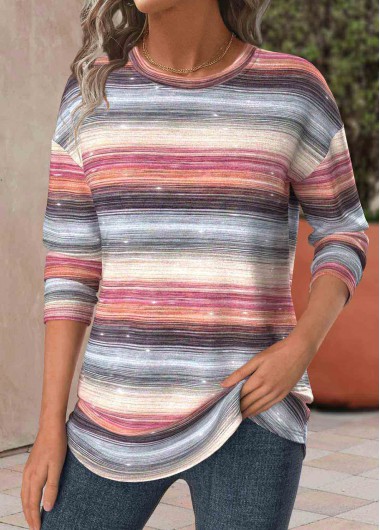 Modlily Multi Color Striped Long Sleeve Round Neck T Shirt - M