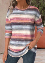 Modlily Multi Color Striped Long Sleeve Round Neck T Shirt - M