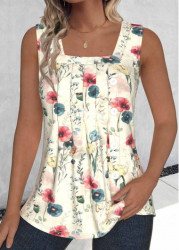 Modlily Multi Color Tuck Stitch Random Floral Print Tank Top - S