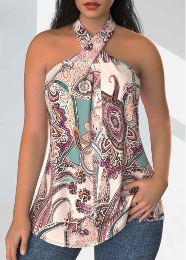 Modlily Multi Color Twist Paisley Print Sleeveless Tank Top - L