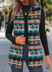 Modlily Multi Color Zipper Tribal Print Sleeveless Stand Collar Waistcoat - S