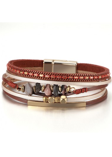 Modlily Natural Stone Beaded Red Faux Leather Bracelet - One Size