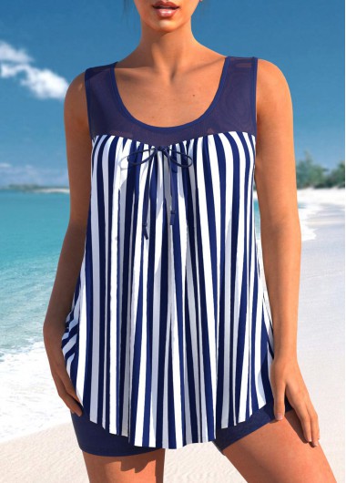 Modlily Nautical Striped Navy Blue Bowknot Tankini Set - S