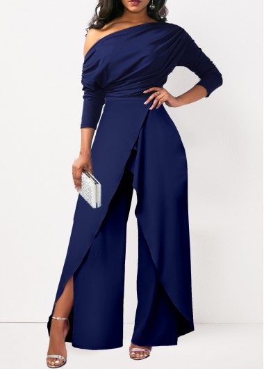 Modlily Navy Asymmetry Long One Shoulder Jumpsuit - S