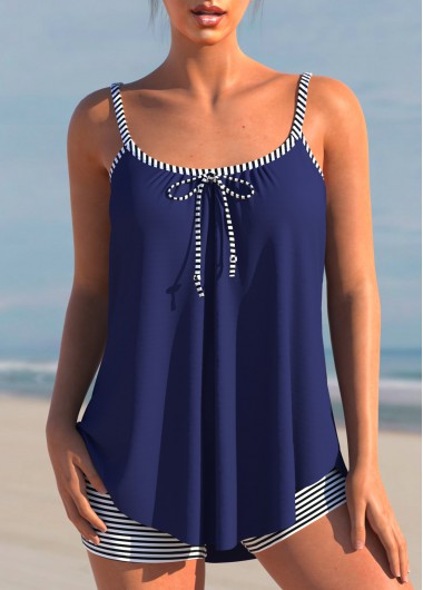 Modlily Navy Blue Bowknot Striped Tankini Set - M