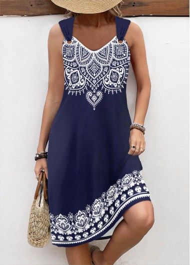 Modlily Navy Breathable Tribal Print A Line Sleeveless Dress - S