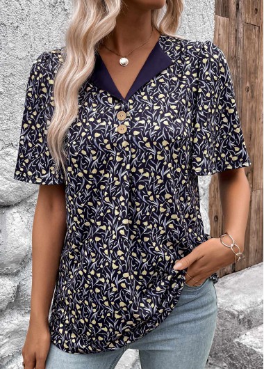 Modlily Navy Button Ditsy Floral Print Short Sleeve T Shirt - S