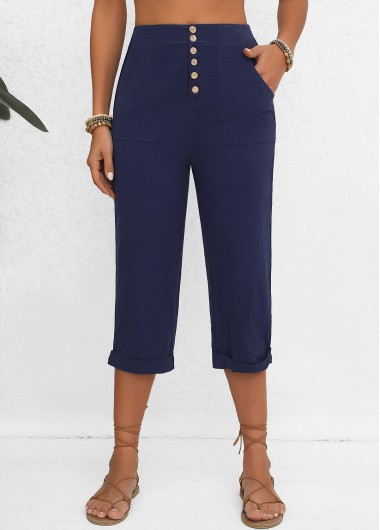 Modlily Navy Button Elastic Waist High Waisted Pants - S