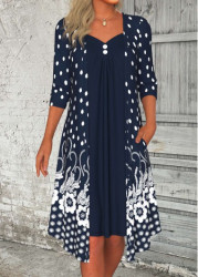 Modlily Navy Button Floral Print A Line 3/4 Sleeve Dress - S