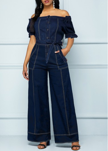 Modlily Navy Button Long Belted Short Sleeve Jumpsuit - M