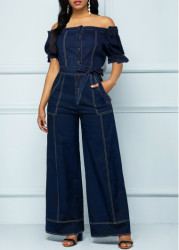 Modlily Navy Button Long Belted Short Sleeve Jumpsuit - M