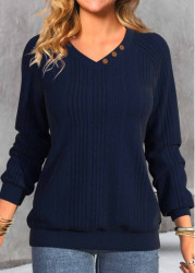 Modlily Navy Button Long Sleeve V Neck Sweatshirt - M