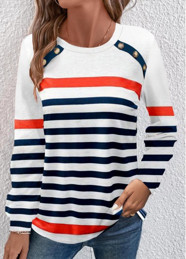 Modlily Navy Button Multi Stripe Print Long Sleeve T Shirt - L