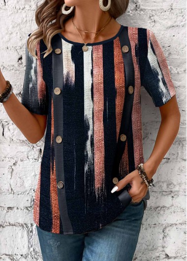 Modlily Navy Button Multi Stripe Print Short Sleeve T Shirt - M