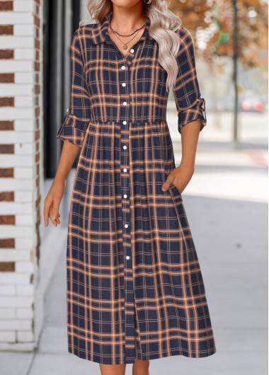 Modlily Navy Button Plaid Long Sleeve Shirt Collar Dress - M