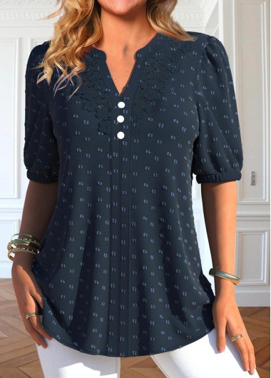 Modlily Navy Button Short Sleeve Split Neck Blouse - S