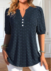 Modlily Navy Button Short Sleeve Split Neck Blouse - S