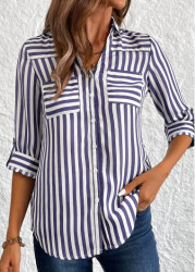 Modlily Navy Button Striped 3/4 Sleeve Shirt - S