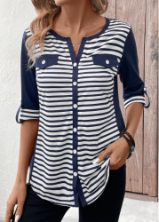 Modlily Navy Button Striped 3/4 Sleeve Split Neck T Shirt - XL