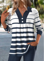 Modlily Navy Button Striped Long Sleeve Shirt - M