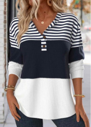 Modlily Navy Button Striped Long Sleeve Split Neck Sweatshirt - S