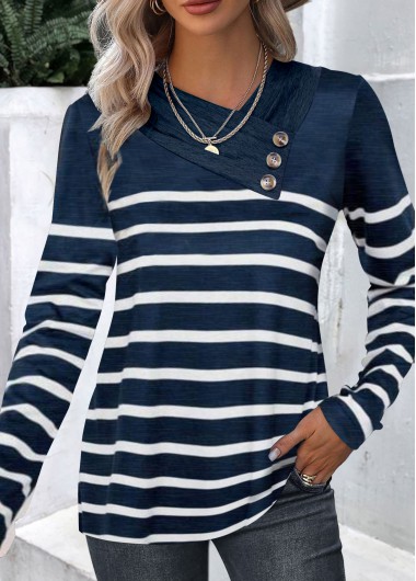 Modlily Navy Button Striped Long Sleeve T Shirt - S