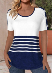 Modlily Navy Button Striped Short Sleeve Round Neck T Shirt - S