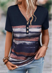 Modlily Navy Button Striped Short Sleeve T Shirt - M