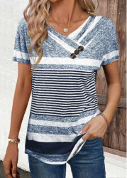 Modlily Navy Button Striped Short Sleeve V Neck T Shirt - S