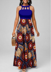 Modlily Navy Cage Neck African Tribal Print Sleeveless Maxi Dress - S