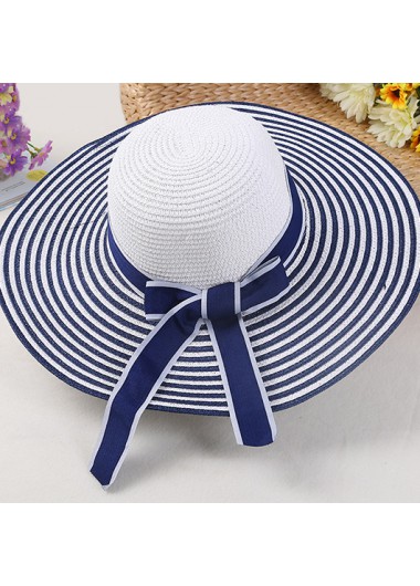 Modlily Navy Contrast Binding Bowknot Detail Striped Hat - One Size